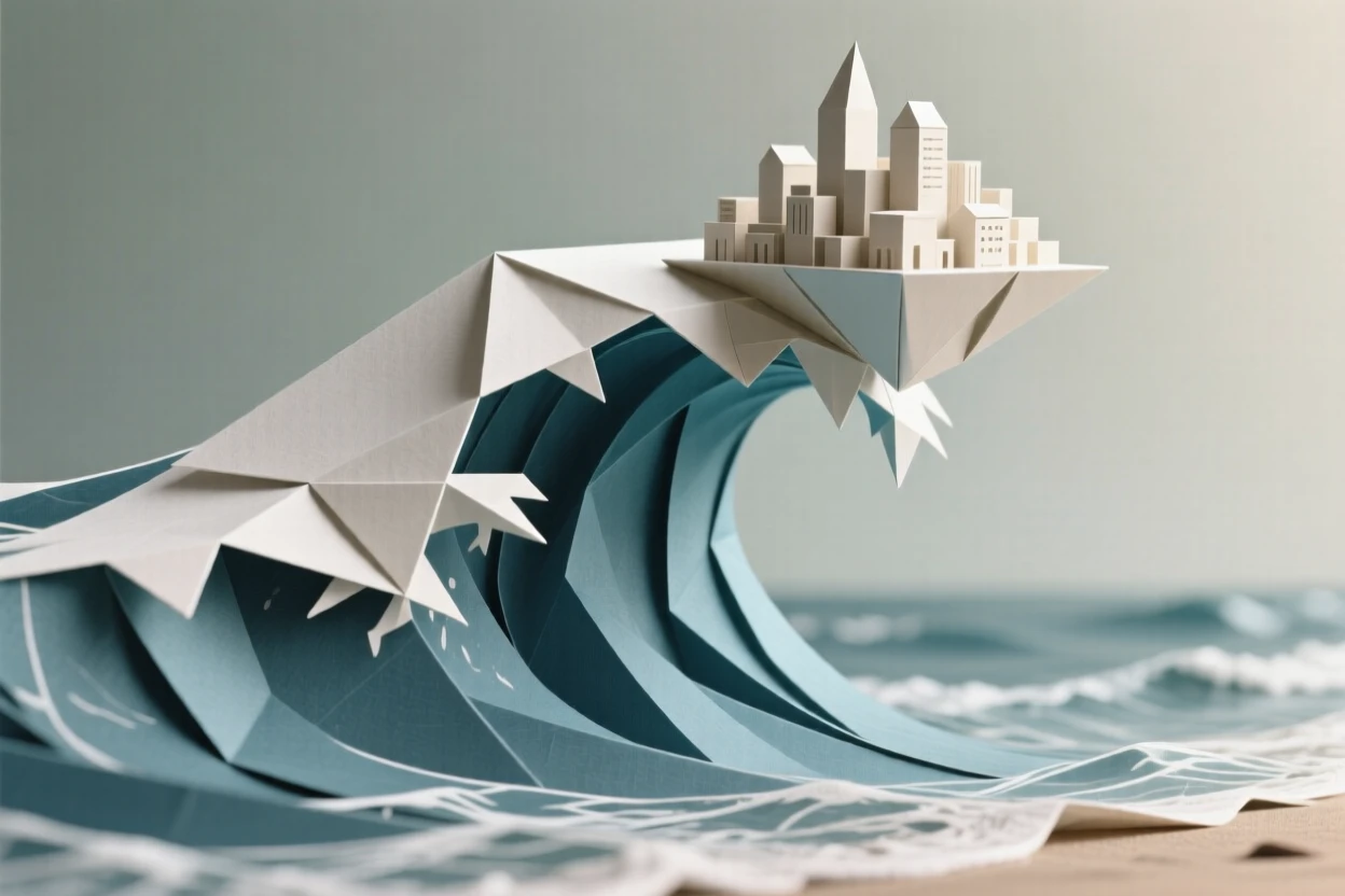 A single wave washing ashore carrying a tiny floating city on its crest.