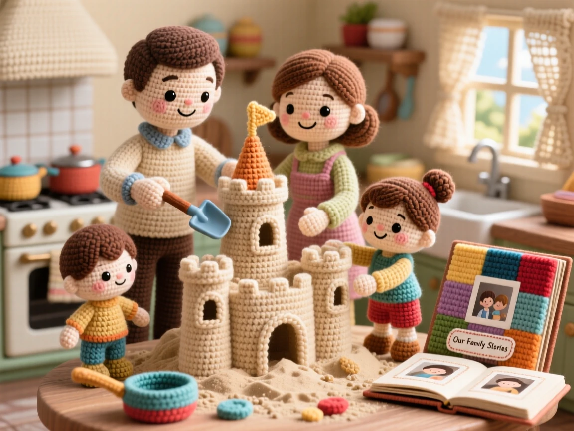 A heartwarming family moment: a family building a sandcastle together at the beach each adding their own small tower, admiring the finished castle together within a cozy kitchen filled with the smell of home cooking; a worn but beloved family photo album nearby, full of the simple joy of everyday family life.