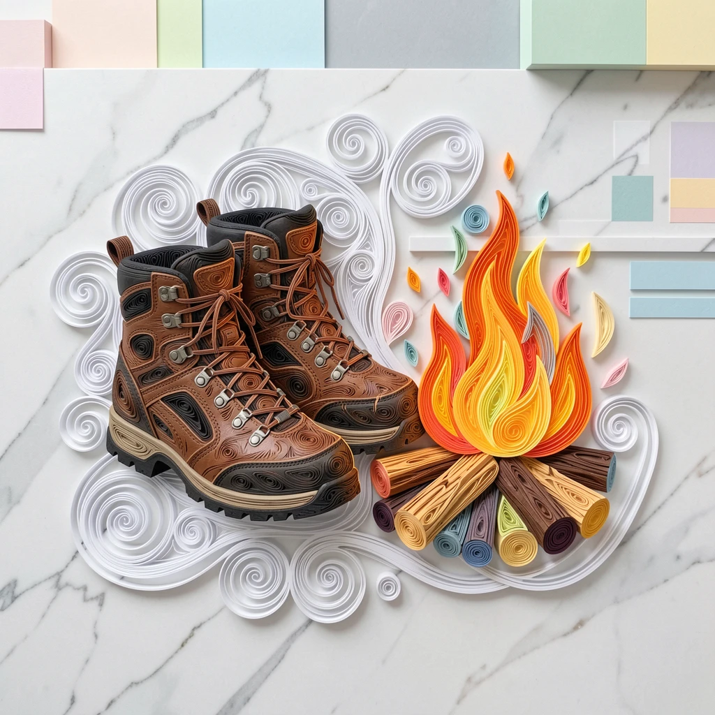 A cozy still life of a pair of well-worn hiking boots beside a campfire on a marble countertop in a modern kitchen, in bright, cheerful pastel colors, arranged in an appetizing overhead flat-lay composition.