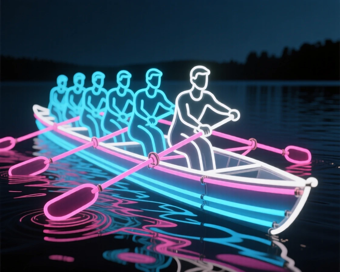 A team of rowers pulling in unison across a calm lake.