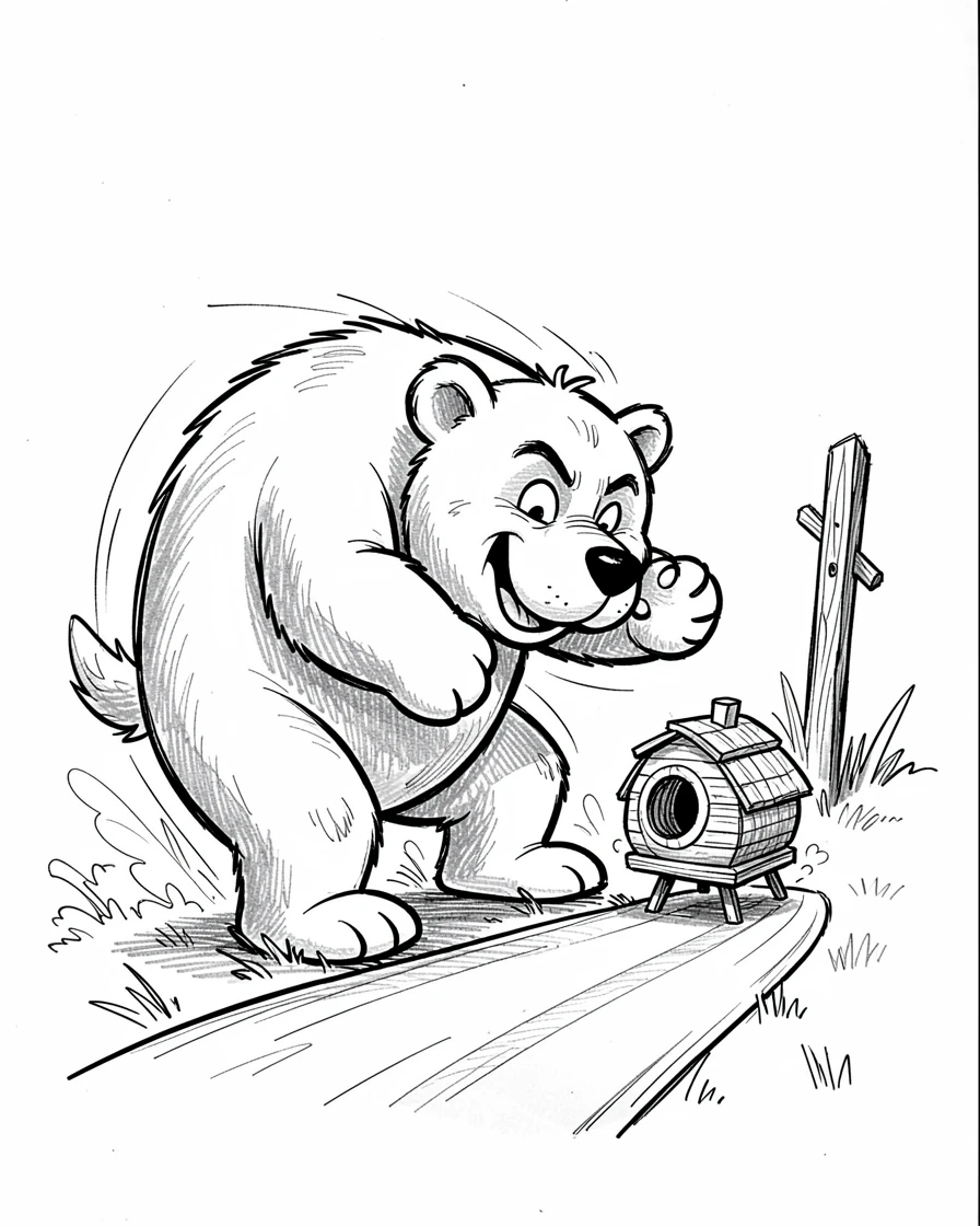 A bear trying to fit into a tiny beehive for honey on a country road during a race.
