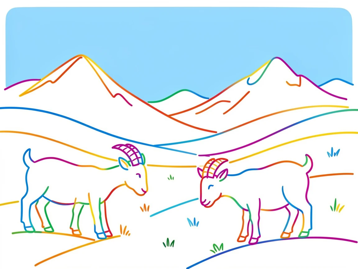 A quiet mountain pasture with grazing goats beneath a clear blue sky.