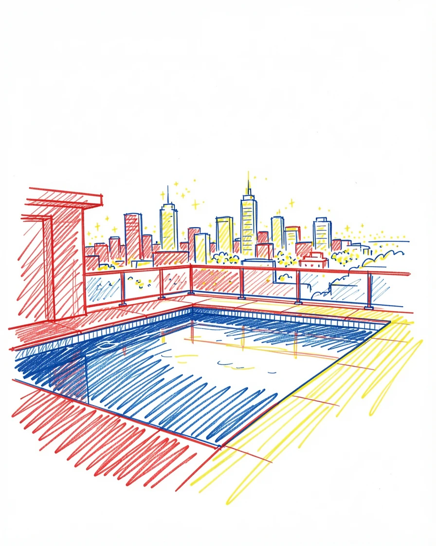 A rooftop pool overlooking a glittering city skyline at night