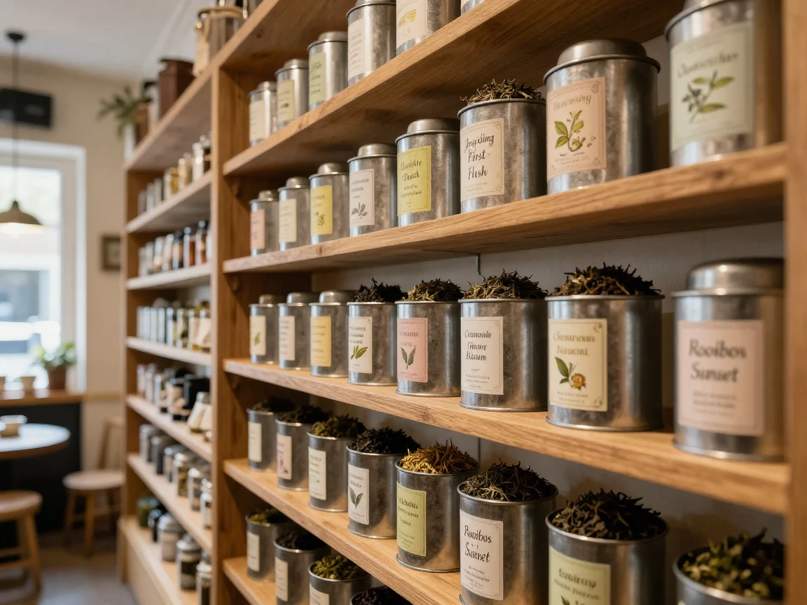 A tea shop wall lined with tins of fragrant leaves