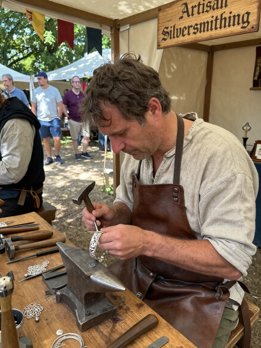 A silversmith hammers an intricate design into a bracelet at a Renaissance fair booth.