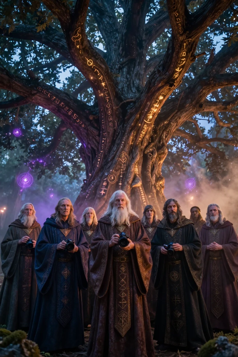 A council of ancient wizards appearing beneath the branches of a world tree as magic fills the air