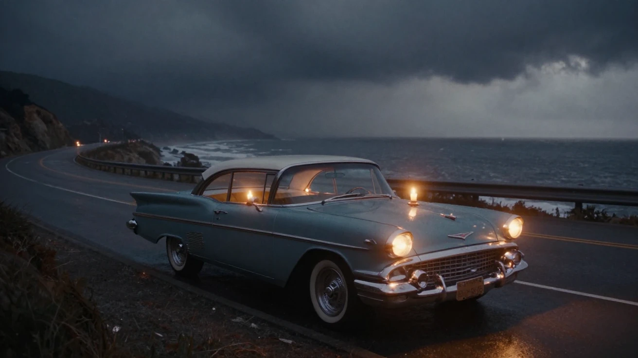 A vintage road trip car parked along a scenic coastal highway, under flickering candlelight, under a darkening storm sky, in the depths of winter, dominated by warm amber and rust tones, from a slightly elevated vantage point.