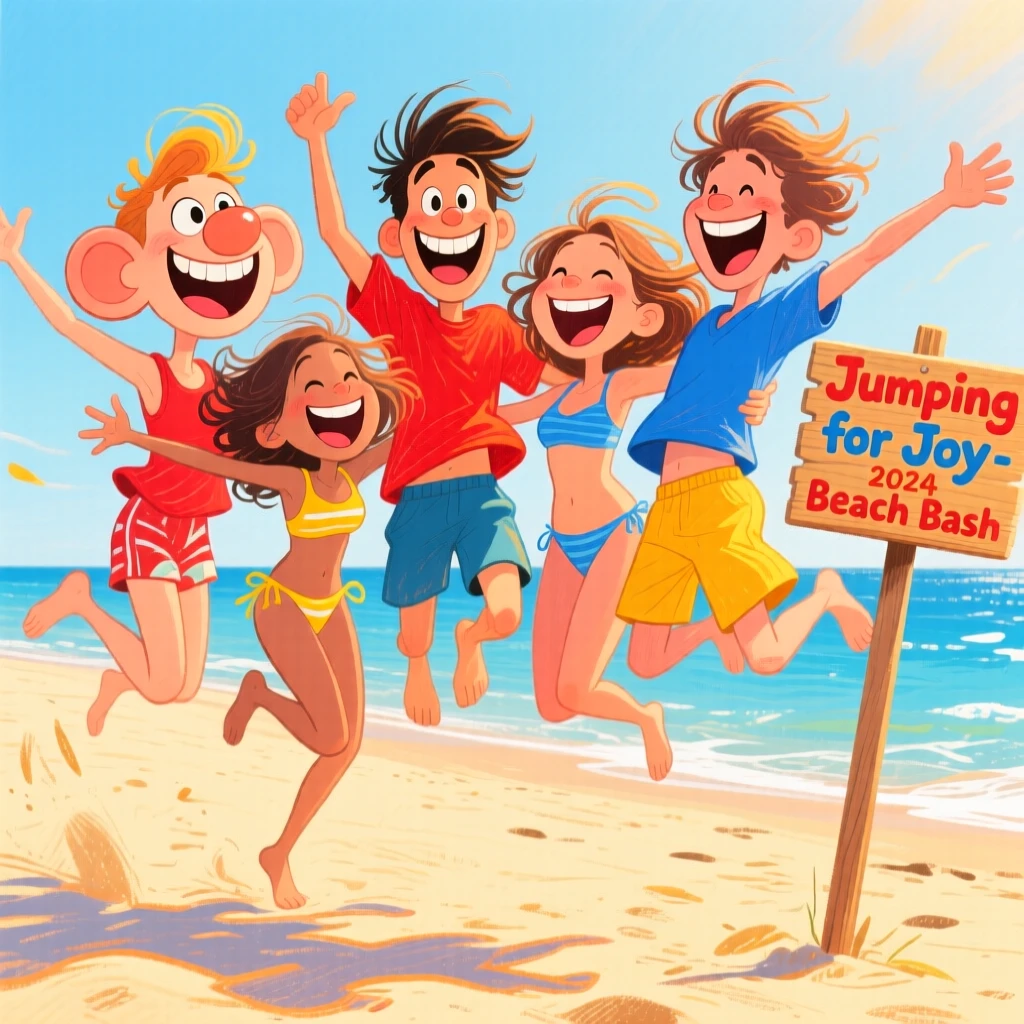 A group of friends taking a bold group photo jumping mid-air on a beach.