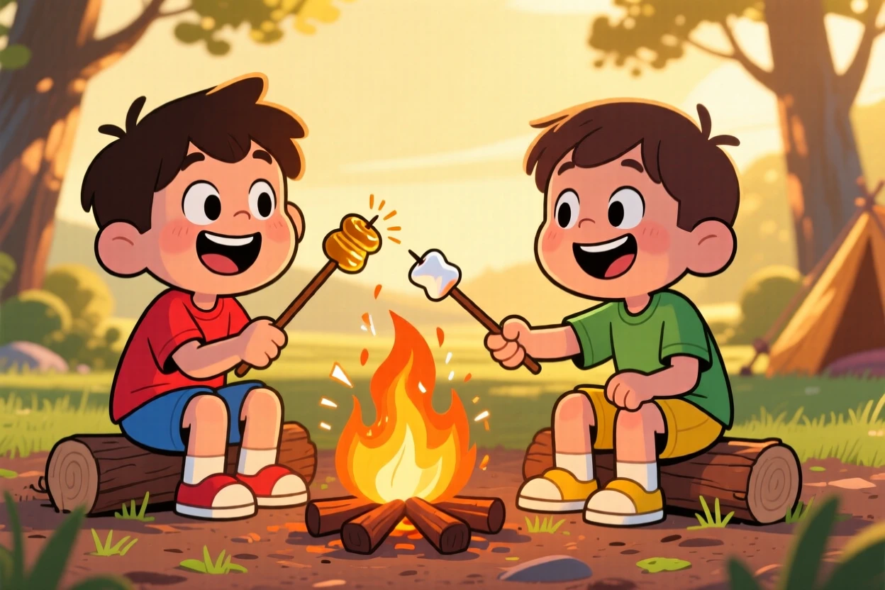 A playful childhood moment of twin siblings roasting marshmallows over a crackling campfire, as golden afternoon light glows warmly.
