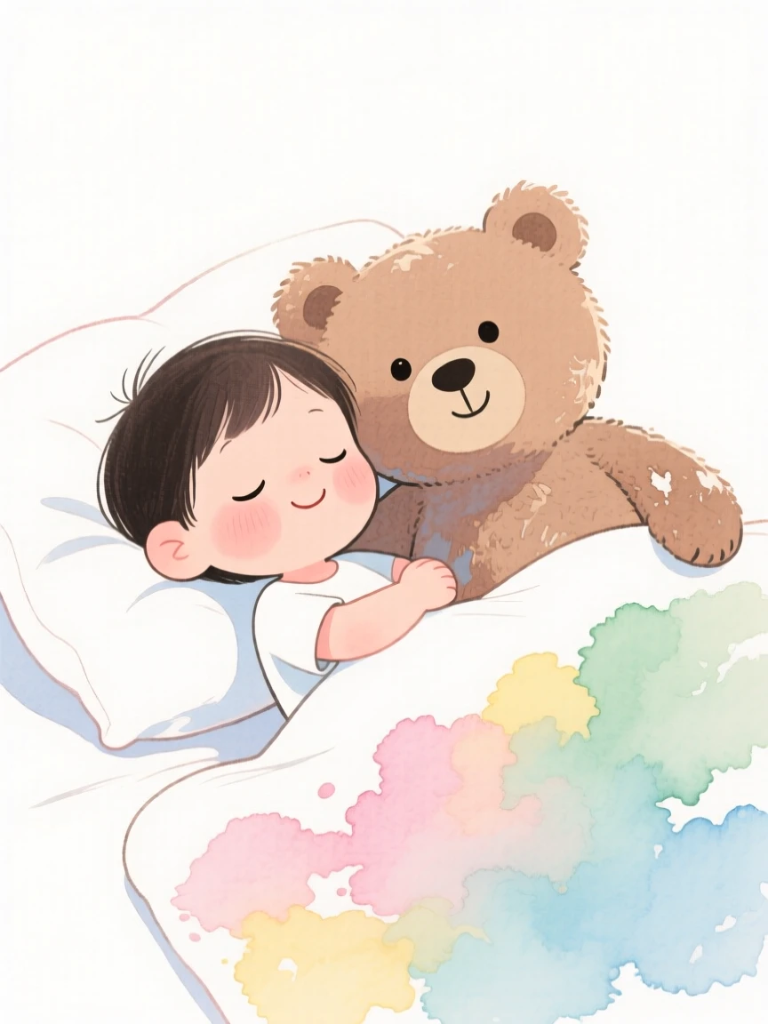 A heartwarming scene of a child napping peacefully with a favorite stuffed bear