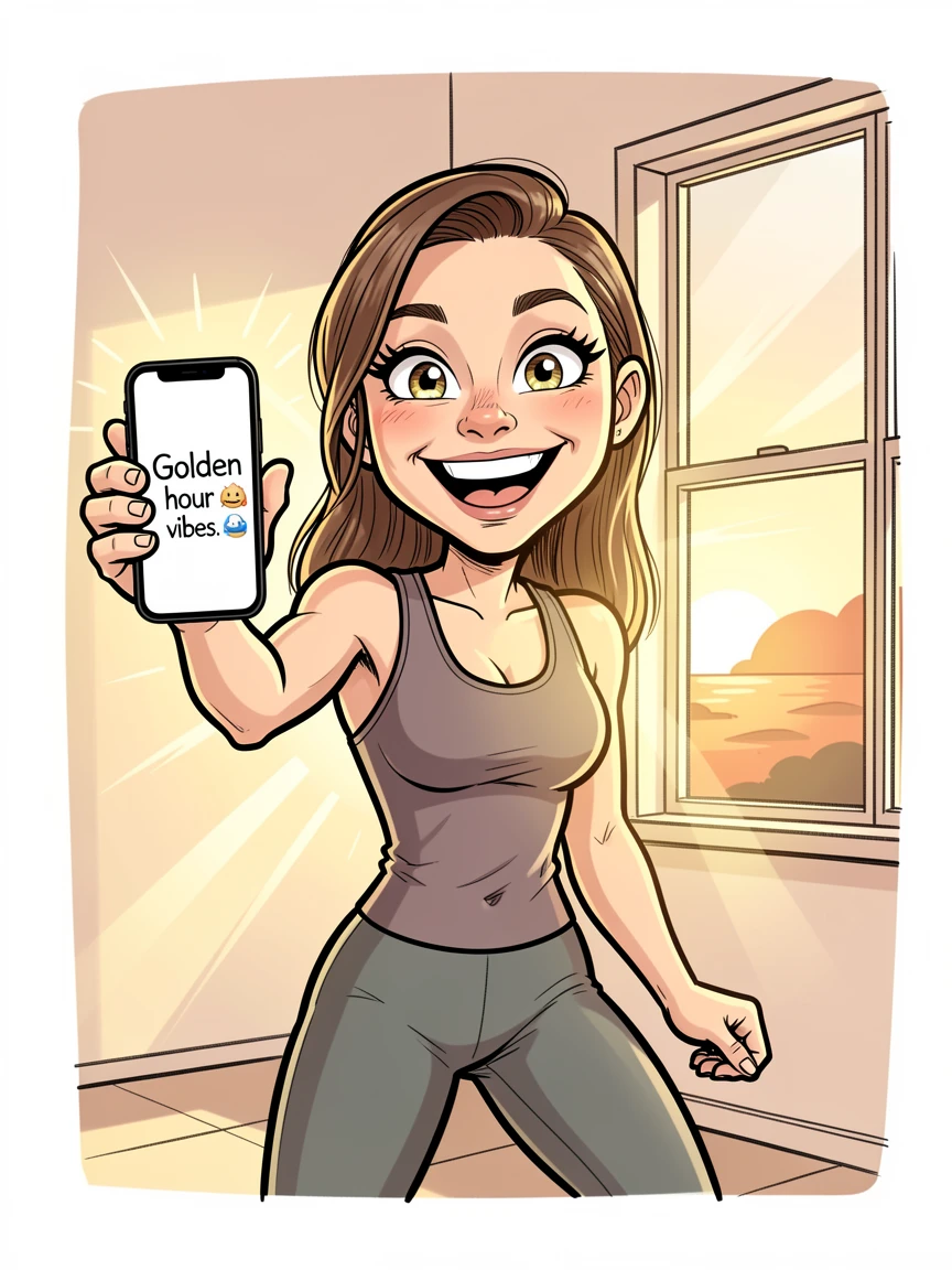 [Trending & Universal Topics] Modern lifestyle scene of a cheerful home fitness enthusiast capturing golden hour on a phone camera, capturing everyday joy