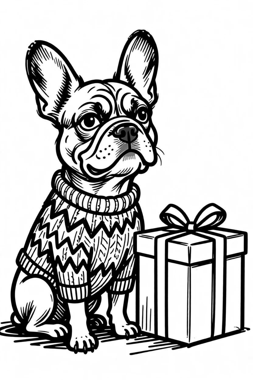 A French bulldog wearing a knitted holiday sweater, sitting beside a wrapped present twice its size.