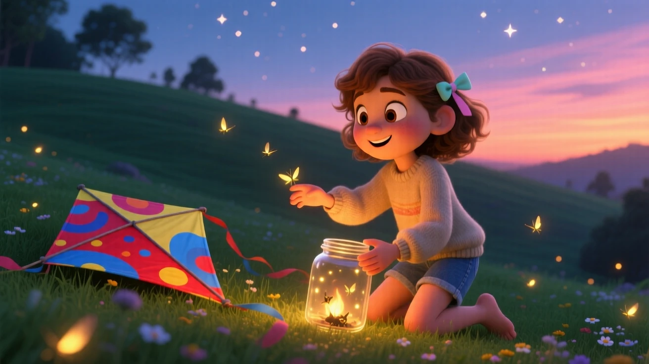 A girl catching fireflies in a jar at dusk takes place on a grassy hill perfect for kite flying, with a jar of fireflies glowing softly. The mood is playful, curious, and full of imagination.