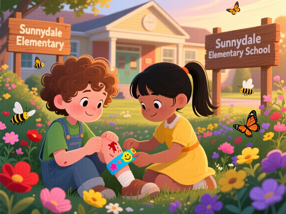 Two best friends are seen bandaging a small scrape with a colorful bandage in a garden behind a school, while a warm glow of evening light surrounds them.