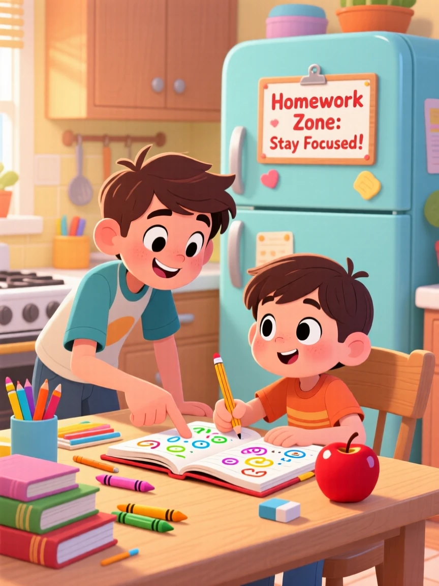 A teenager helping a younger sibling with homework at the kitchen table.