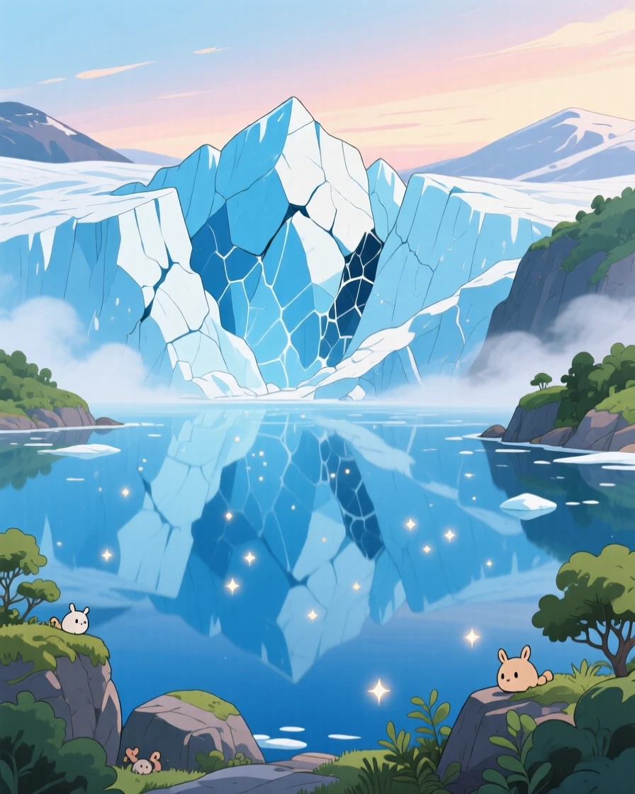 A stunning view of a glacier calving into icy blue water, reflected perfectly on a mirror-still surface below.