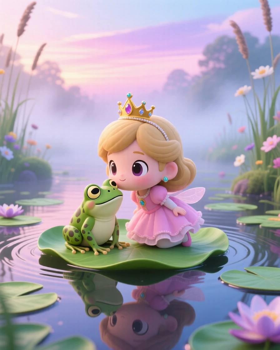 In a fairy-tale garden pond, a small princess is kissing a friendly frog on a lily pad on a misty foggy morning, bathed in soft pastel light of dawn, expression full of peaceful calm. Shot as a symmetrical front-on view.