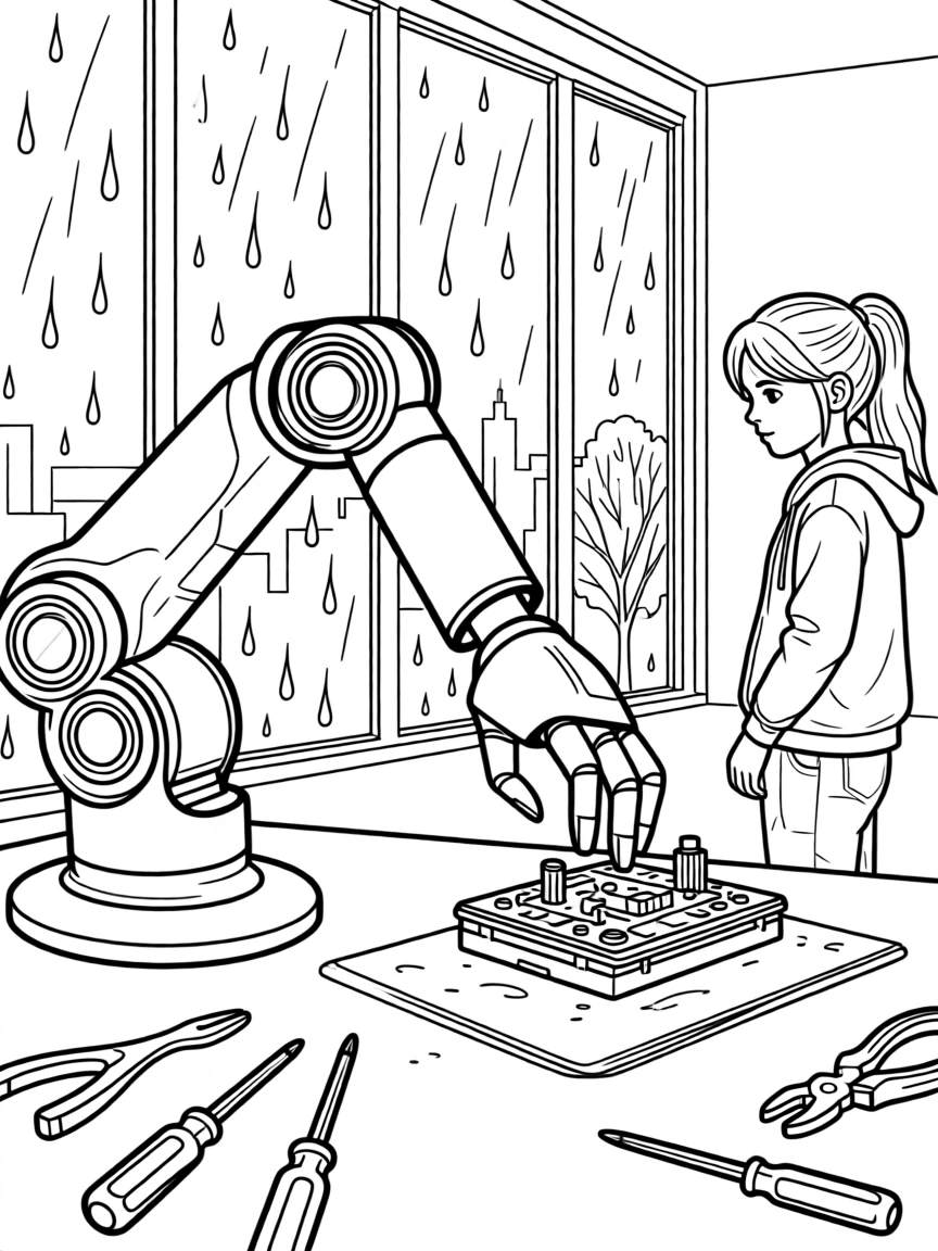 A robot arm assembling a small mechanical device, with rain streaking down a nearby window.