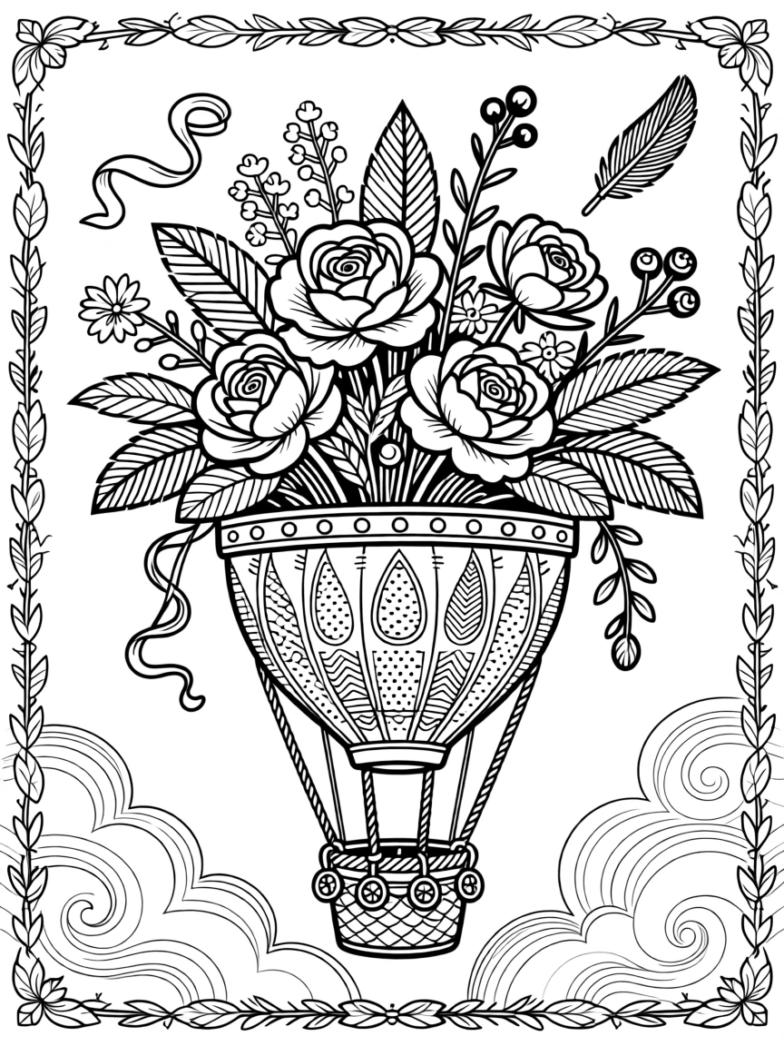 A single hot air balloon basket filled with an overflowing bouquet.
