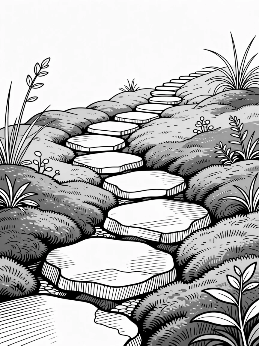 A path of stepping stones leading through a mossy garden