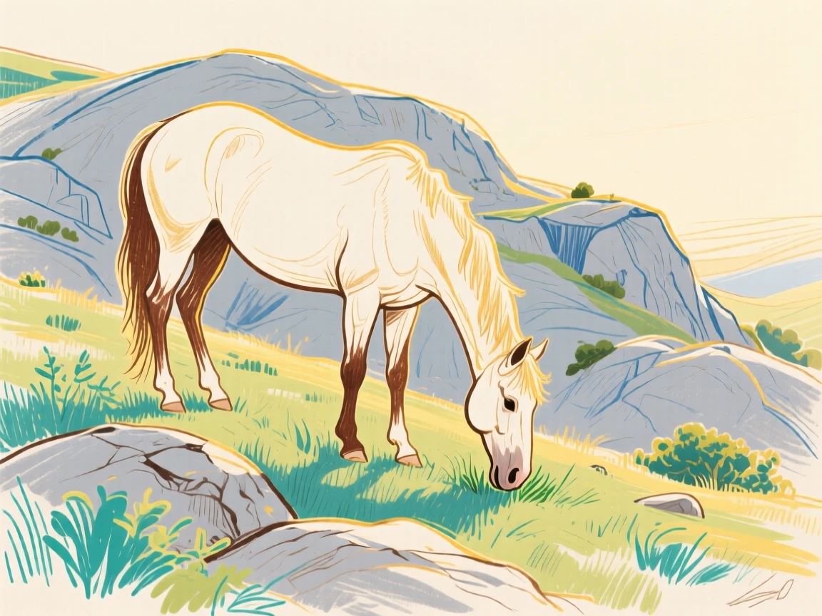 A grazing horse stretching in the morning light on a rocky hillside on a quiet summer afternoon.
