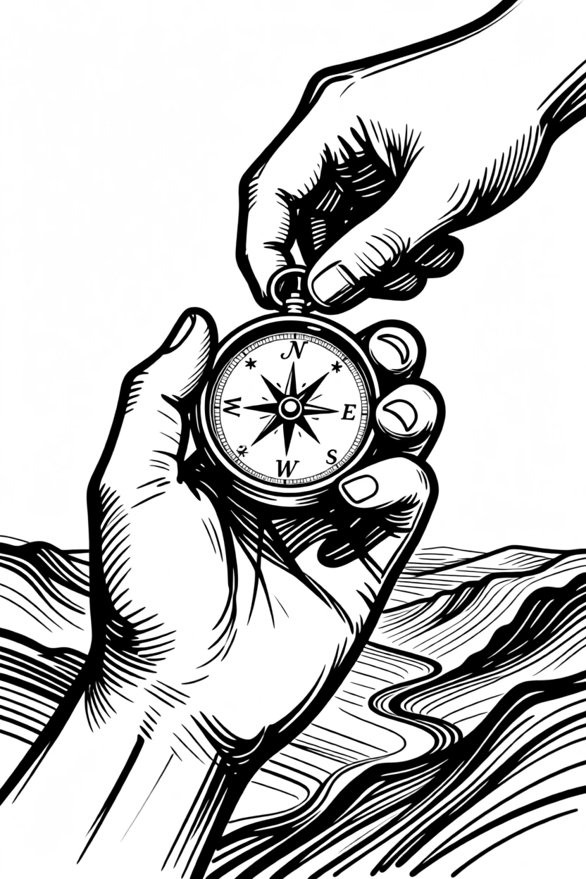 A hand holding a small compass overlooking a vast unexplored valley.