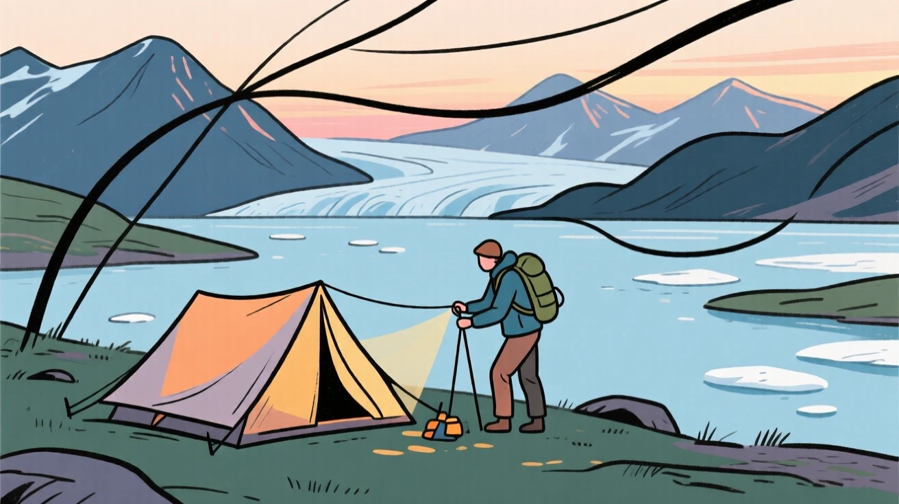 A hiker pitching a tent beside a glacial lake at dusk.