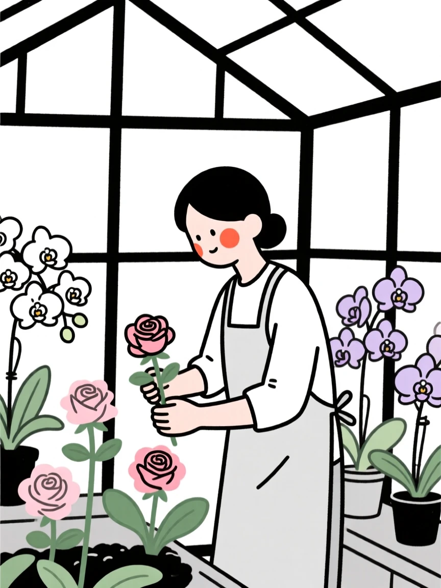 A gardener tending roses, resting in calm stillness, in a greenhouse full of orchids.