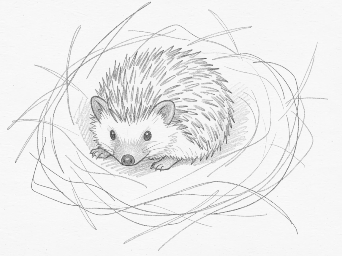 A hedgehog curled into a tiny ball, in a nest of soft hay, radiating pure innocent charm.