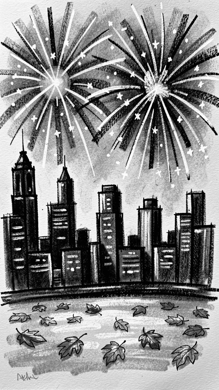 A New Year's Eve fireworks display over a city skyline, with autumn leaves scattered underfoot.