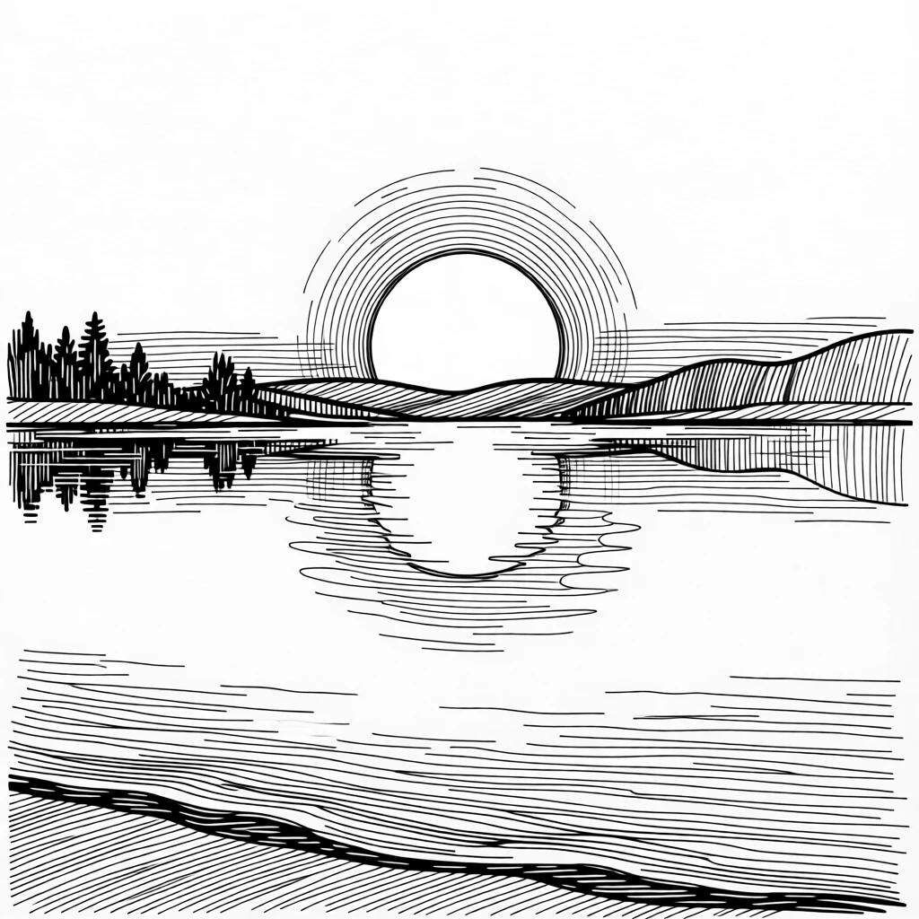 A glowing sunrise reflected perfectly on the still surface of a lake.