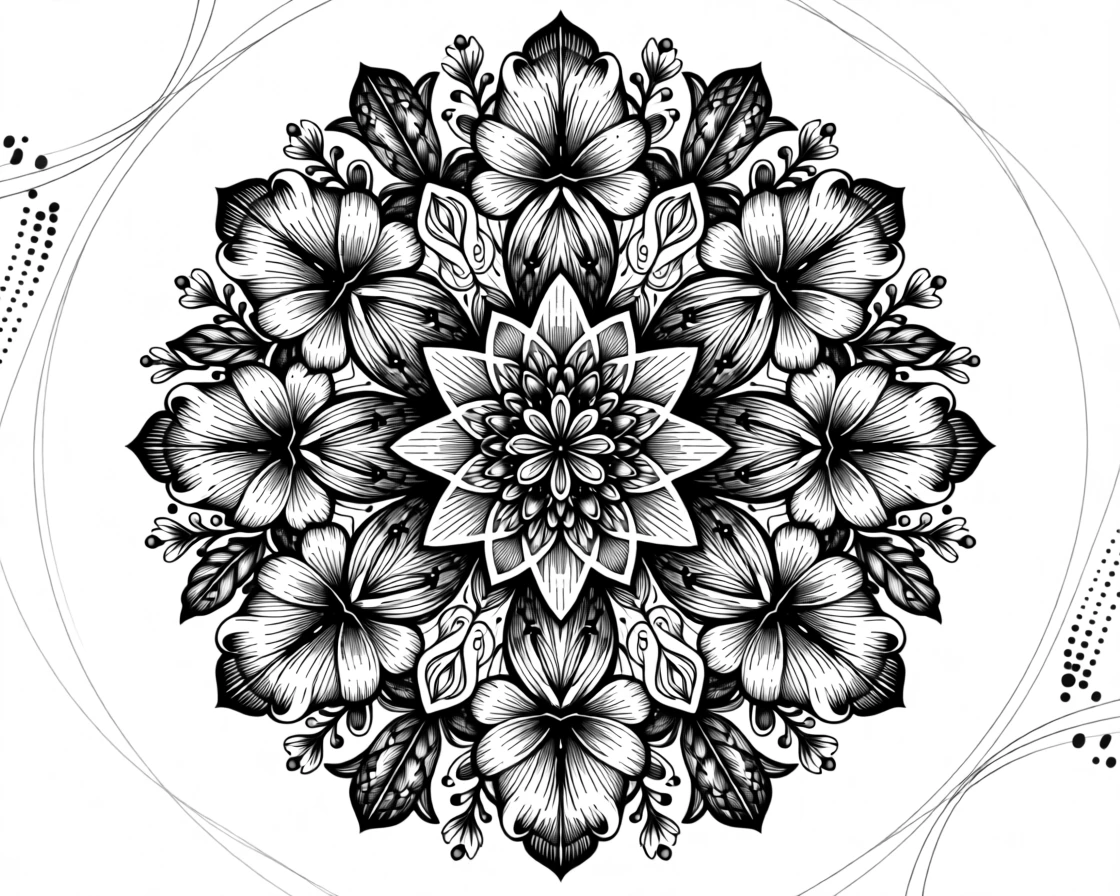 A mandala of interlocking floral shapes designed as an elegant decorative motif, with small flourishes filling the negative space, forming a classically refined decorative composition.