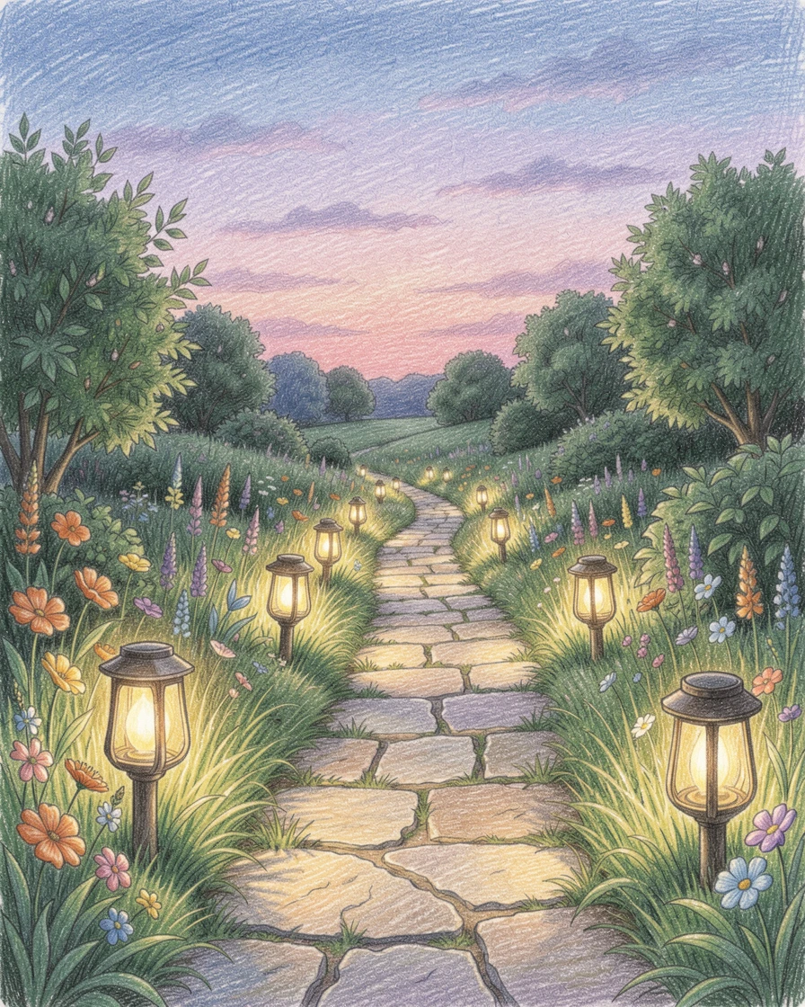 A countryside garden path lined with glowing solar lanterns at dusk, with a gentle play of light and shadow across the composition, evoking warmth, beauty, and a lasting sense of wonder.