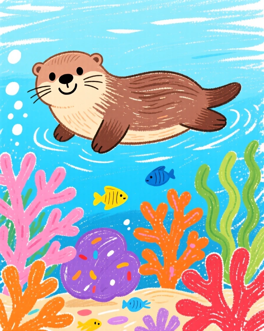 A playful sea otter gliding over a vibrant coral reef.