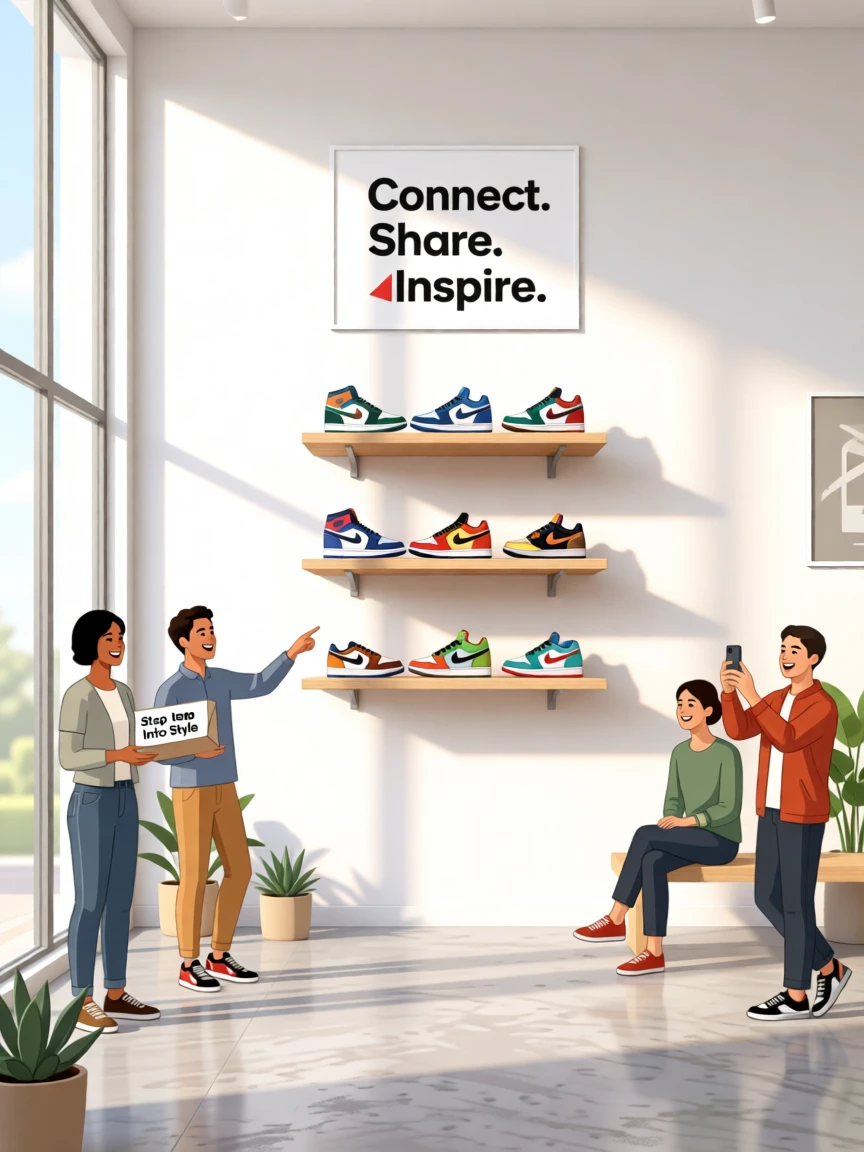 A stylish sneaker collection displayed on floating shelves, set within a bright, stylish contemporary space, composed with a joyful, community-driven atmosphere, with a sense of community and connection in every detail.