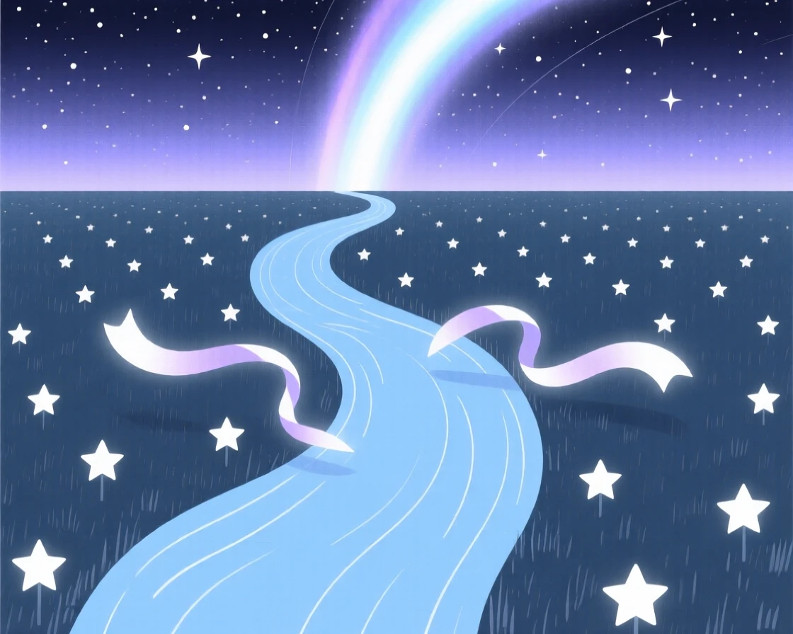 A magical river flowing upward into the sky nestled within an endless field of stars, glowing near ribbons of aurora light, full of gentle magic.