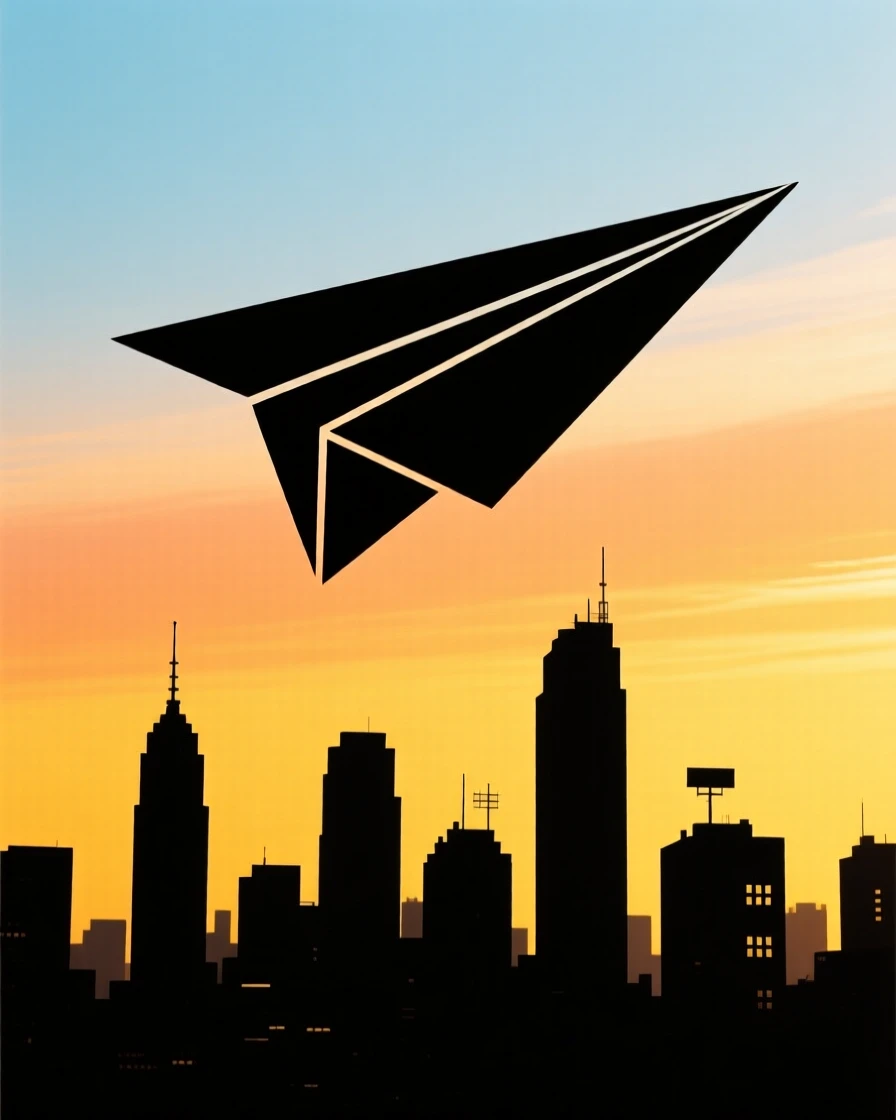 A single paper airplane soaring above a sunlit city skyline.