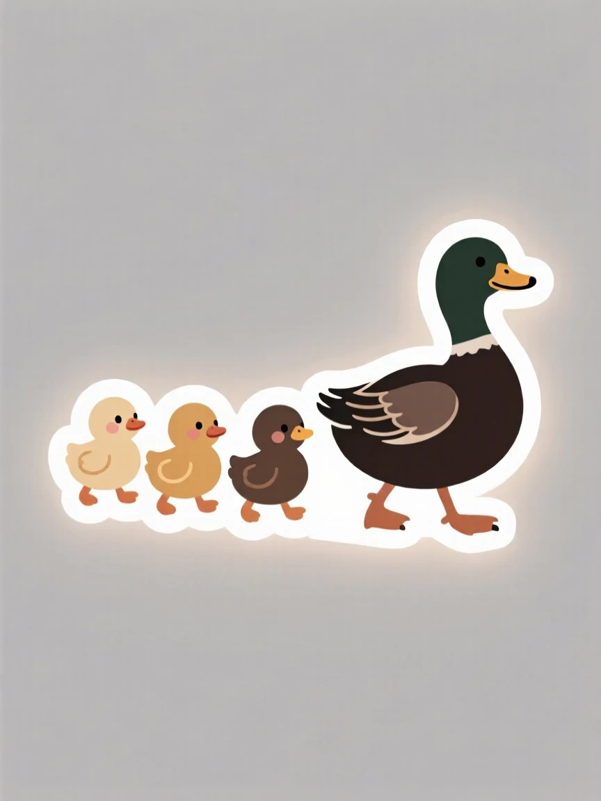 An universally adored group of ducklings following their mother in a row, framed in soft cozy lighting, a simple moment that feels universally loved.