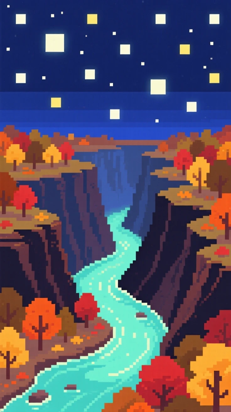 A canyon carved by a river glowing under a sky full of stars, within a valley covered in autumn color.