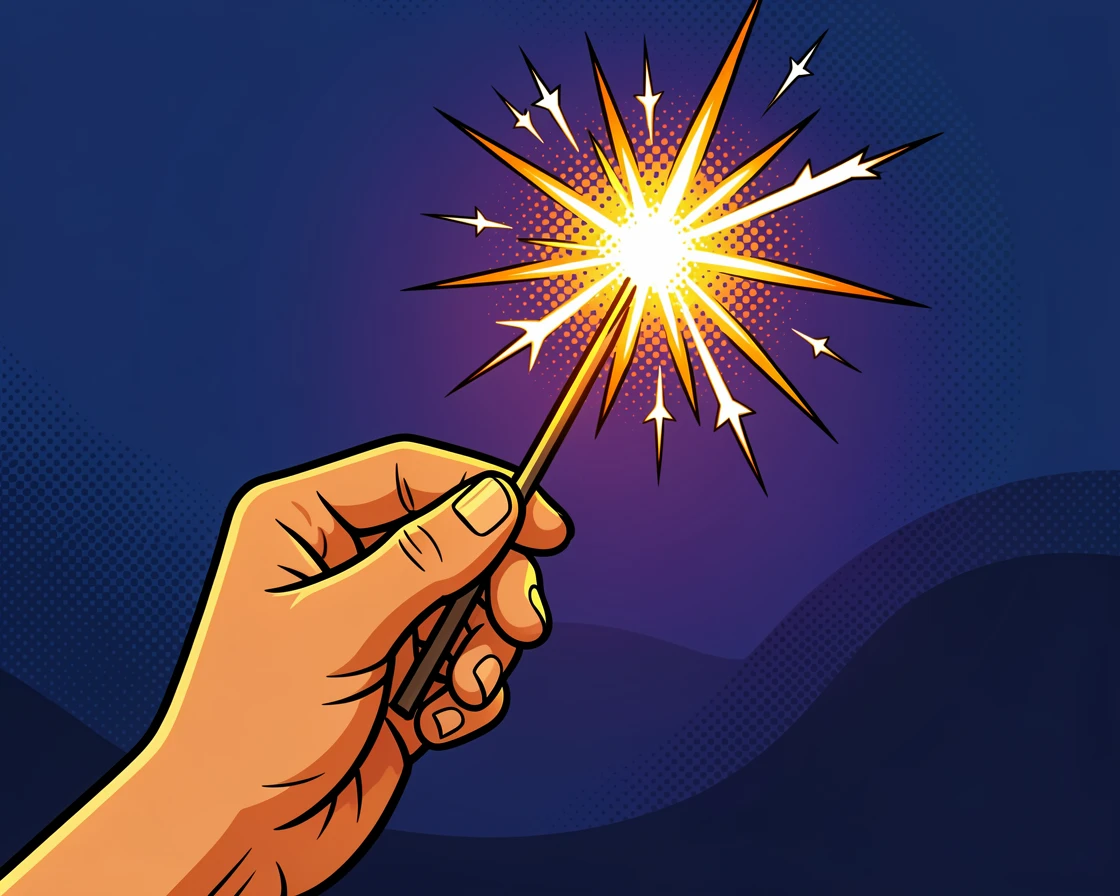 A hand holding a sparkler that illuminates a summer night