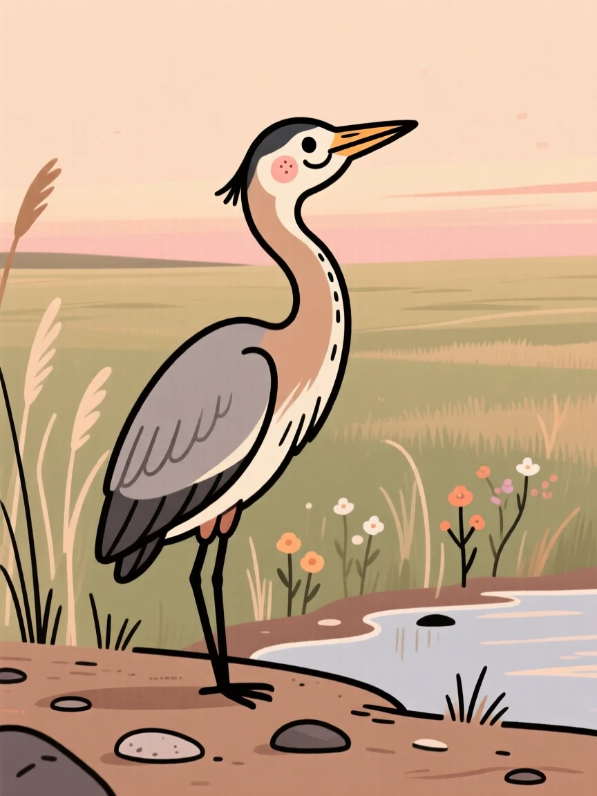 A heron stands at the edge of a open prairie, watching alertly as the evening glow paints the sky in warm colors.