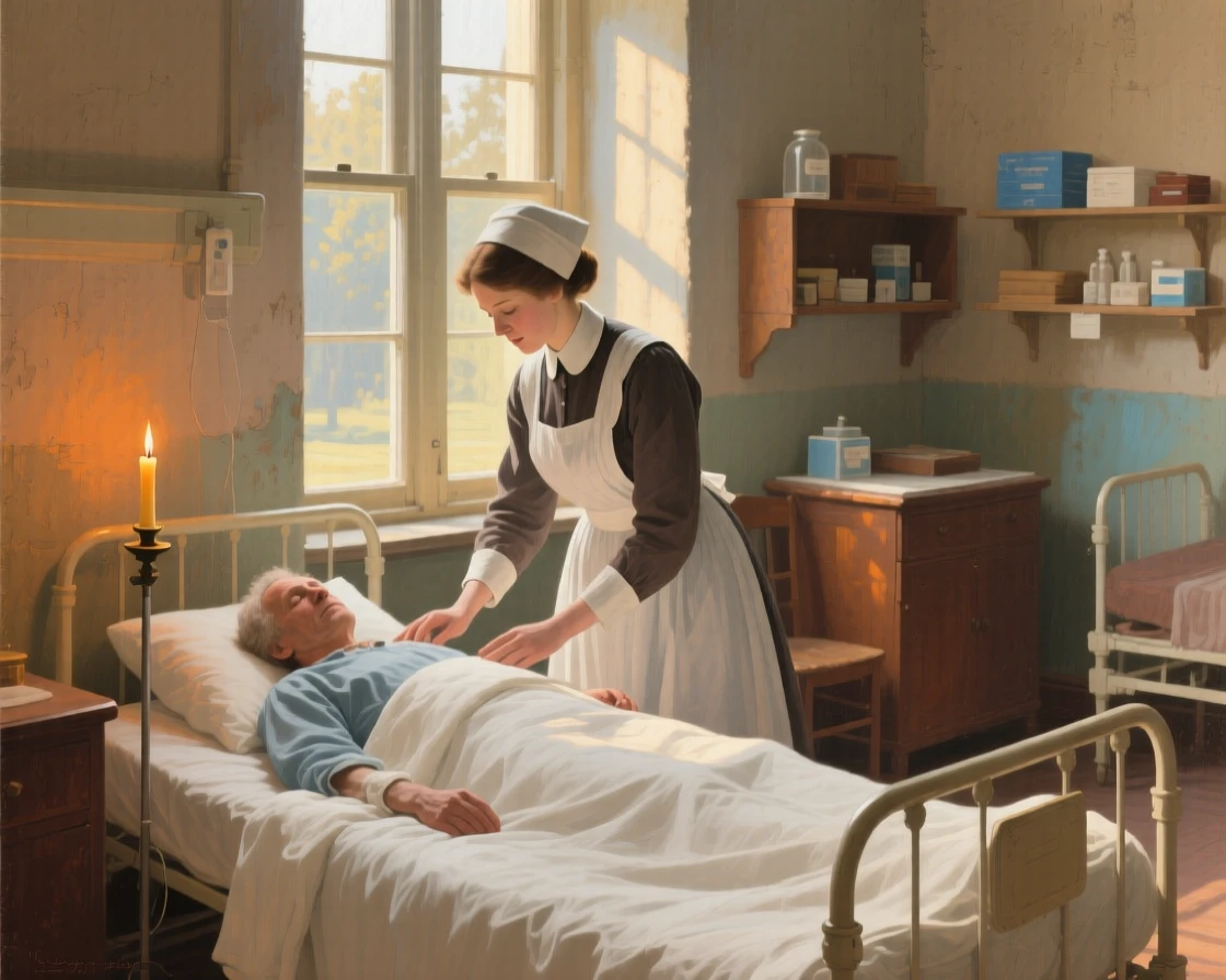 A well-framed scene of a nurse tending to a patient in a quiet candlelit ward, in bright warm sunshine, at midday.