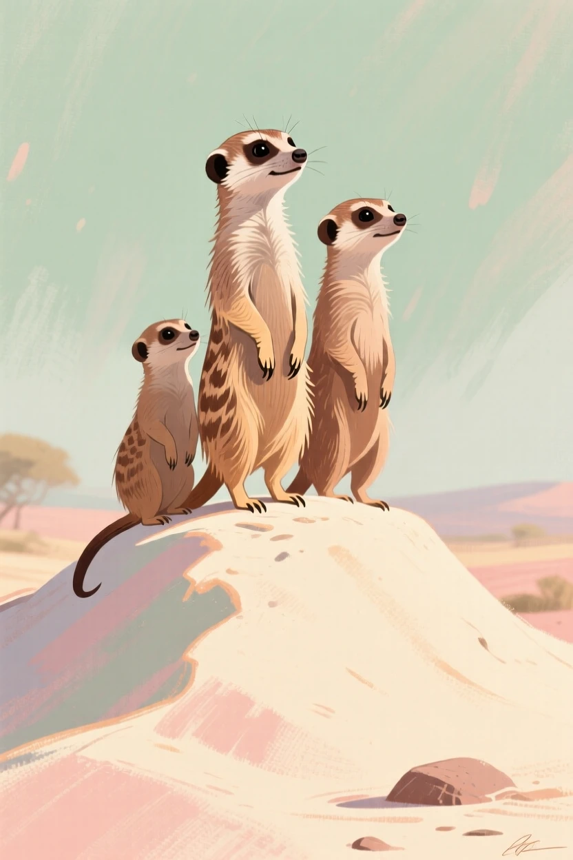 A meerkat family standing alert atop a sandy mound