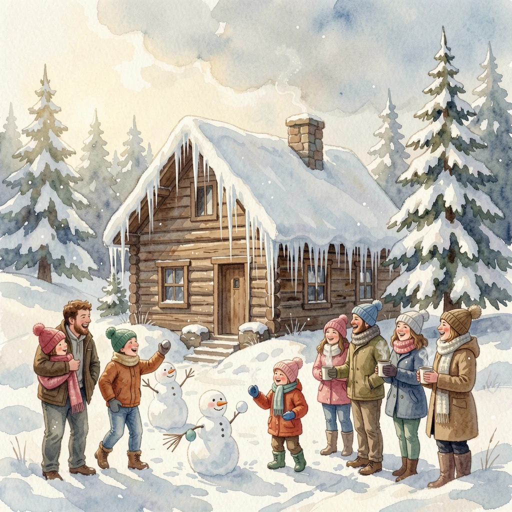 A winter wonderland with icicles hanging from a cabin roof surrounded by joyful family and friends.