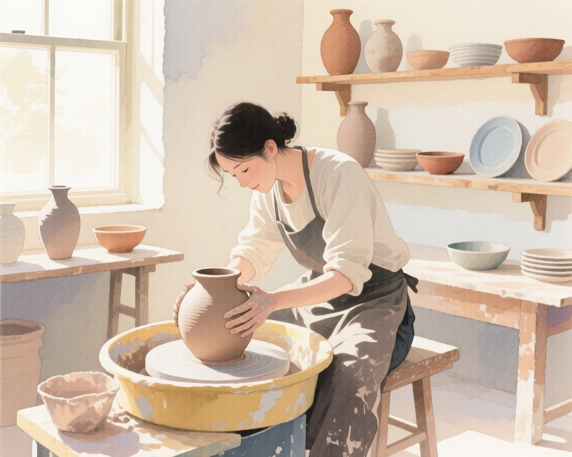 A potter shapes clay on a spinning wheel in a sunlit studio filled with finished ceramic pieces