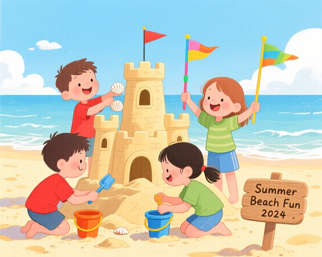 A joyful scene of children building a sandcastle together at the beach.