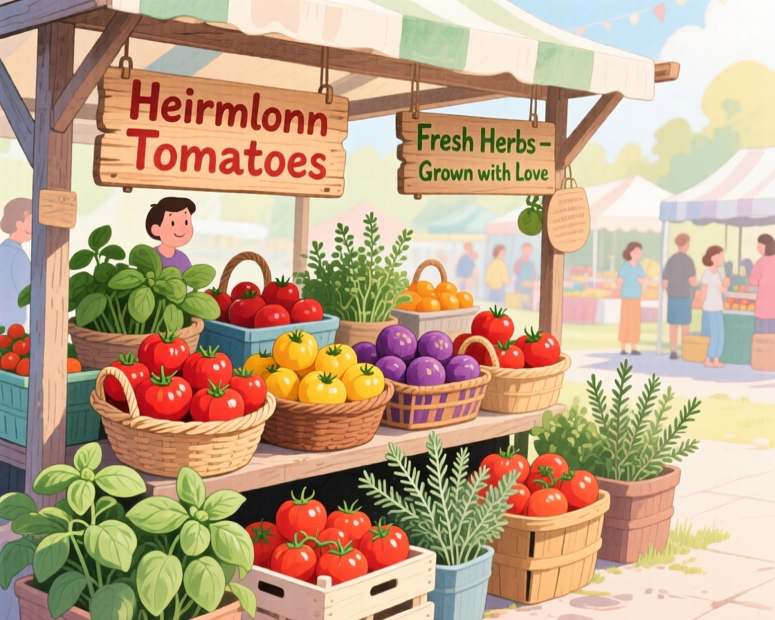 A farmers' market stall overflowing with vibrant heirloom tomatoes and fresh herbs, capturing a cherished family tradition.