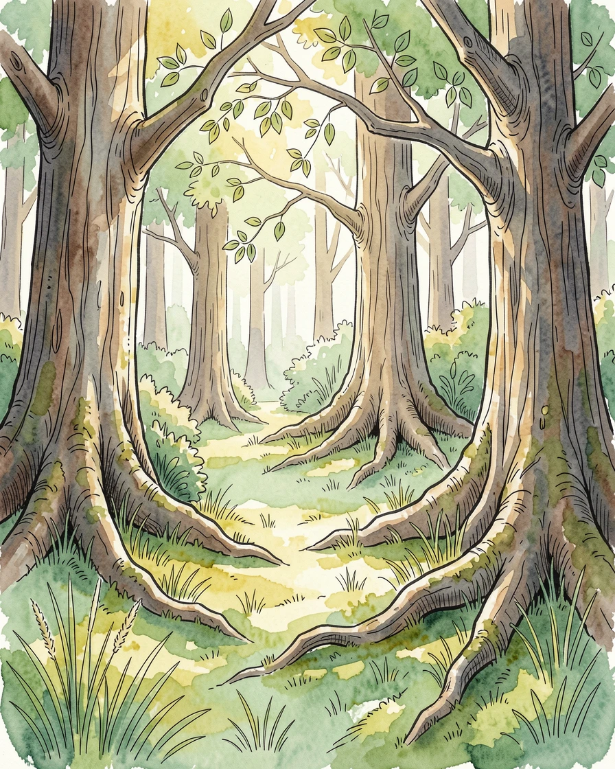 A sunlit clearing in an old growth forest carpeted with soft green moss, a gentle breeze rippling through the grass and leaves.