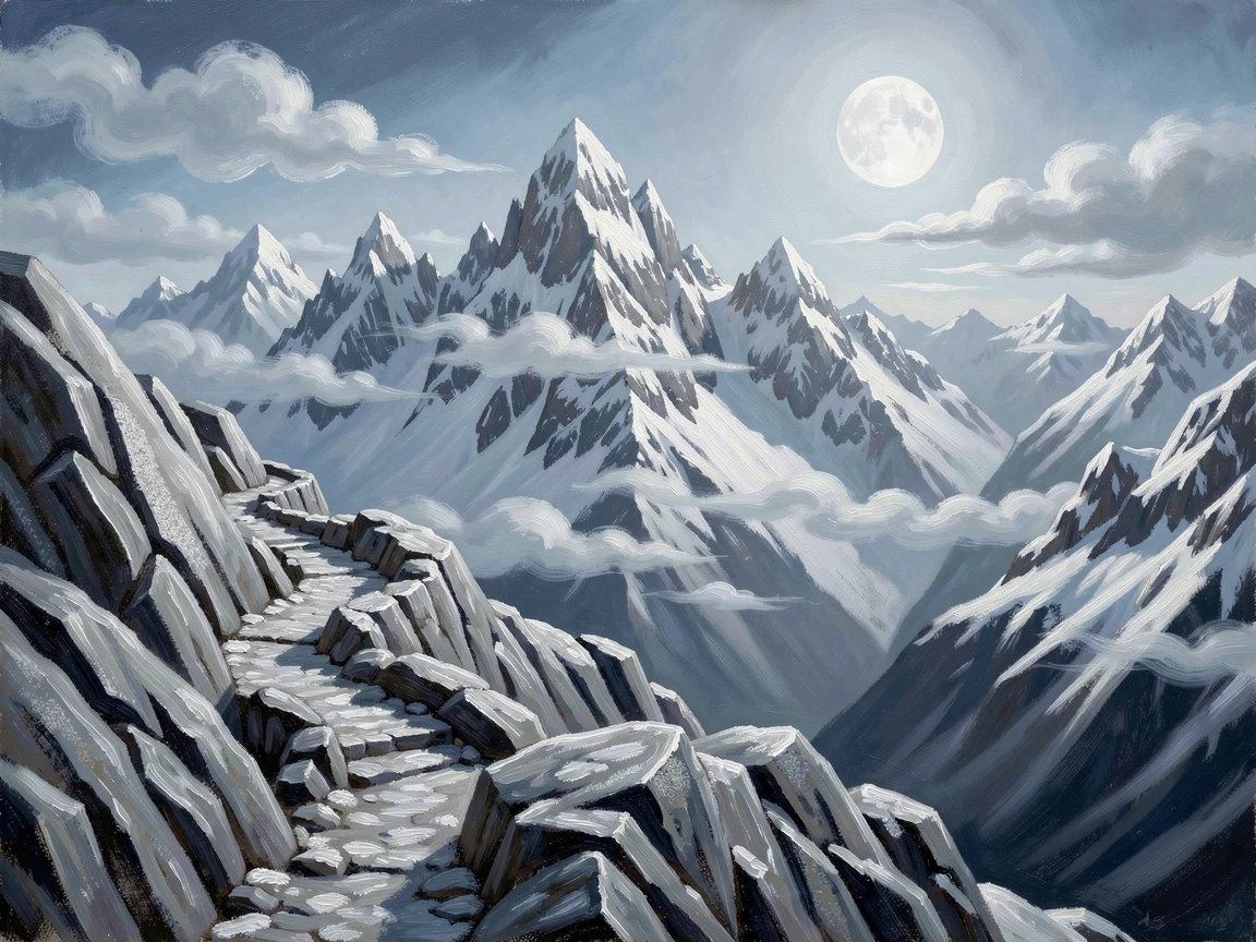 Along a narrow switchback trail carved into the rock, a jagged, snow-capped mountain range, wisps of cloud drifting silently through the passes, in deep winter beneath a pale, glowing moon.