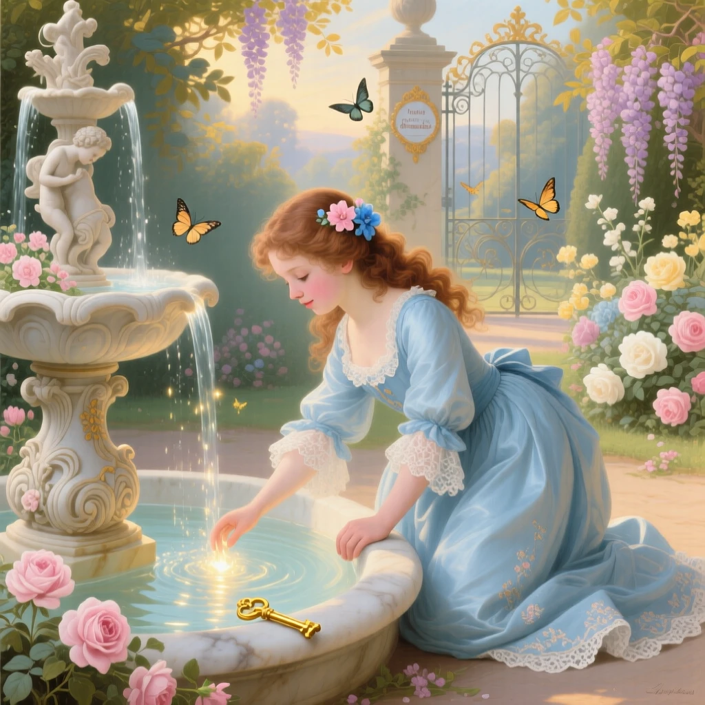 A young girl discovering a glowing key inside a garden fountain  
